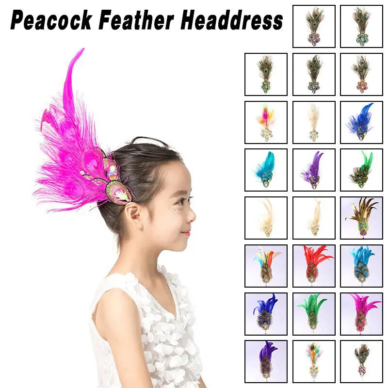 Long Peacock Feather Headdress Girls Ballet Dance Show Headwear Princess Hair Band Vintage Headpiece Flapper Feather Headdress