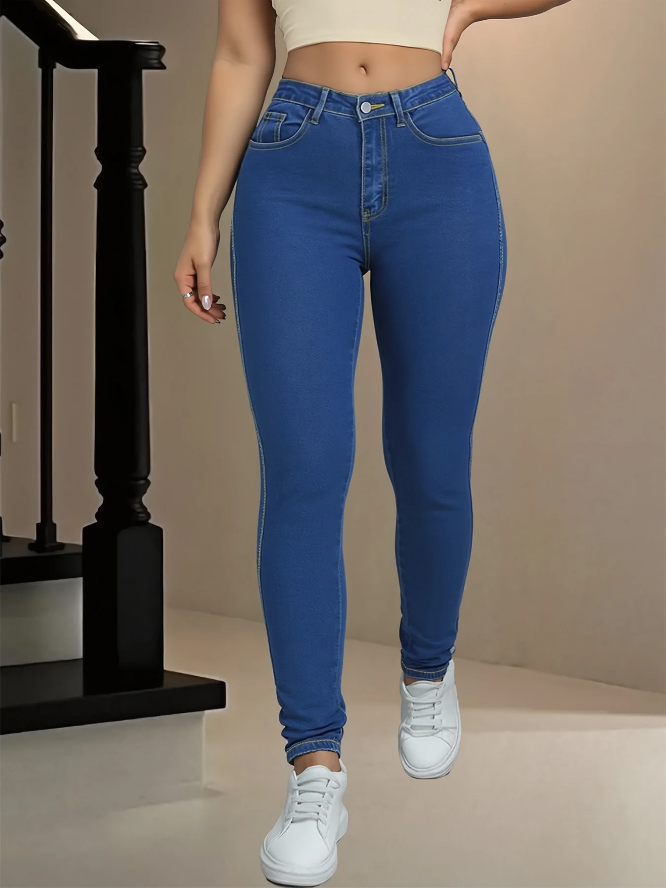 

Джинсы больших размеров с высокой талией для женщин, темно-синие, повседневный стиль, подходящие для кампуса на открытом воздухе и простая мода