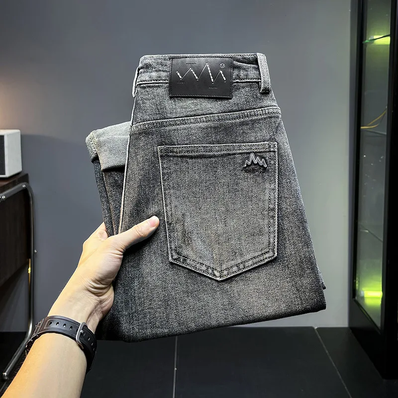 

2024 New Gray Jeans Men's Autumn Fashion Design Men's Slim Fit Stretch Washed Make Old Ripped Trendy Denim Pants