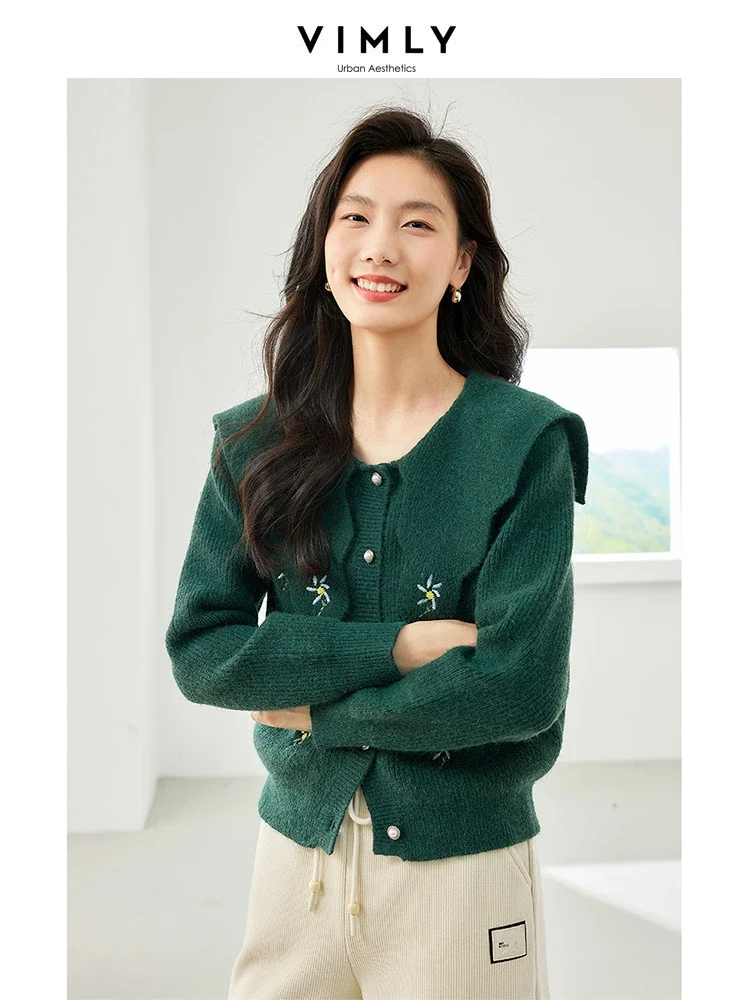 Vimly Green Knitted Cardigan for Women 2024 Spring New Lapel Embroidery Short Sweater Coat High Strecth Female Knitwear 72276