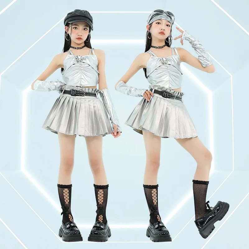 

Silver K-pop Outfits Children Hip Hop Dance Costumes Festival Party Dancing Set Girl Group Jazz Dance Performance Wear XH2559