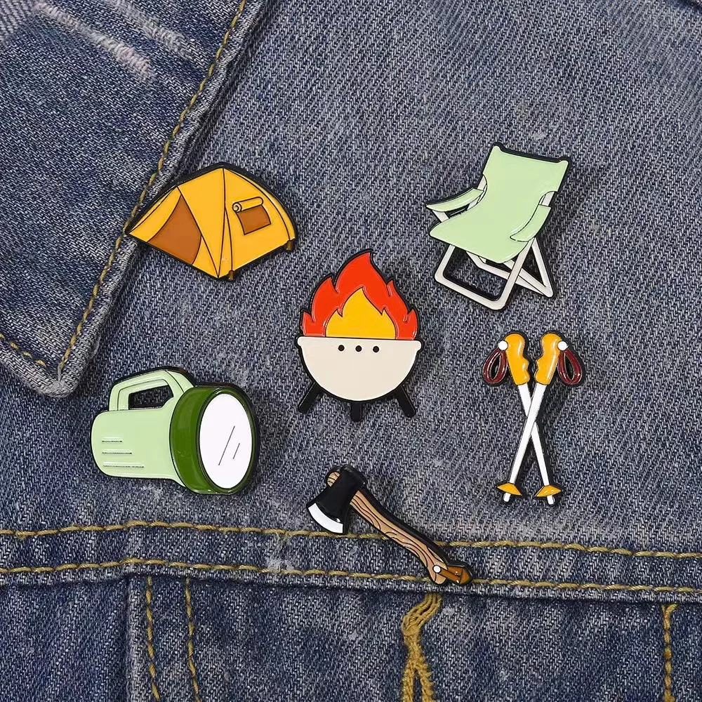 Camping Picnic Enamel Pin Custom Tent Stove Torch Axe On Backpack Clothes Brooches Lapel Badges Outdoors Adventure Jewelry Gifts