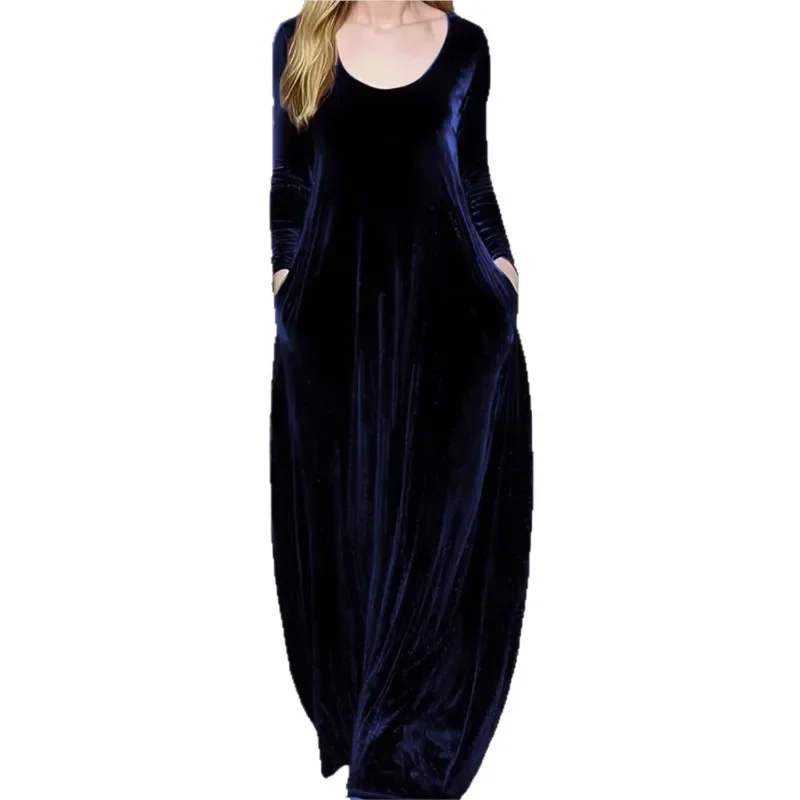エレガントなベルベットのプロムパーティードレス 女性用 ヴィンテージ マキシドレス 秋冬新作 ゴールドベルベット Oネック 長袖