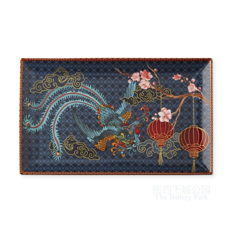 New York Downtown Park Imported Oriental Full Moon Phoenix Dragon Lantern Festival Gilded Decorative Tray Fruit Plate