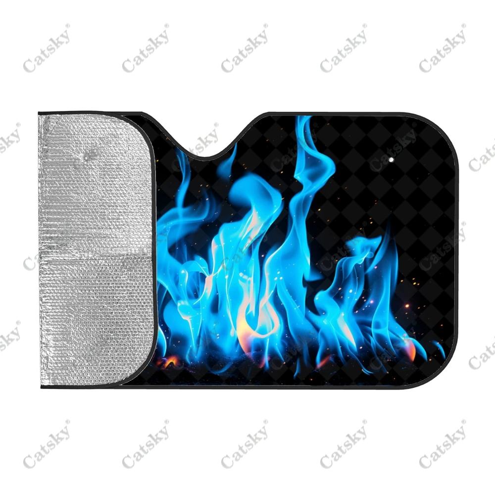 Blue Fire Burning Flame Car Windshield Sunshade, Front Auto Car Windshield Sun Shade Blocks Uv Rays Sun Visor Protector