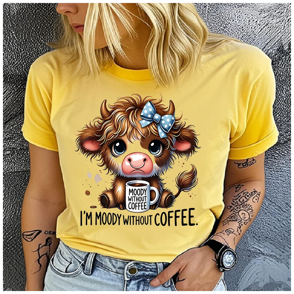 

Women's Cotton 100% yak drinking tea Print T-shirt Loose round Neck Casual Short Sleeve Fashion Top Clothing Summer