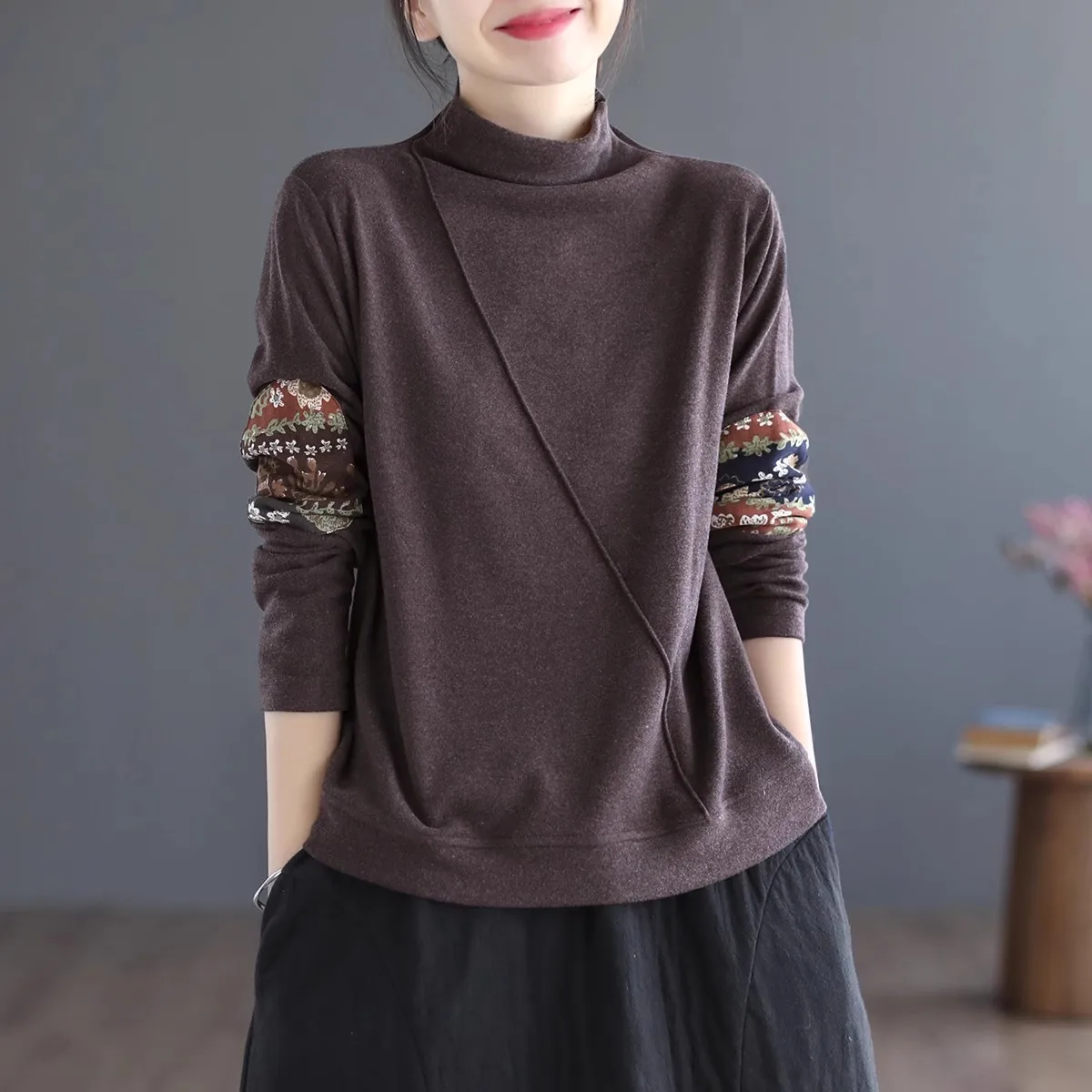 Retro Gespleißt doppelseitige Samt Lose Lange Sve Stehkragen T-shirt frauen Herbst Winter plus Größe Abnehmen Trendy top