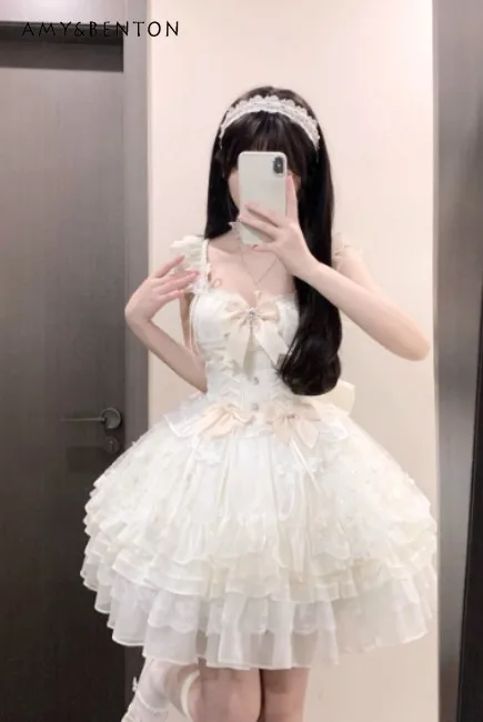 

2025 Summer Sweet Light Color Fine Flash Big Bow Princess Style Dress Birthday Banquet Coming-of-age Ceremony Lolita Short Dress