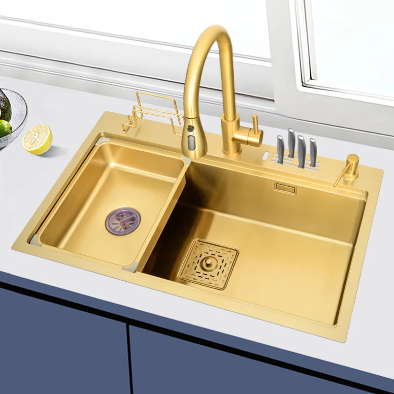 High-quality Kitchen Sink Set Multifunctional Kitchen Sinks Gold Single Bowl Two Holes 304 Stainless Steel