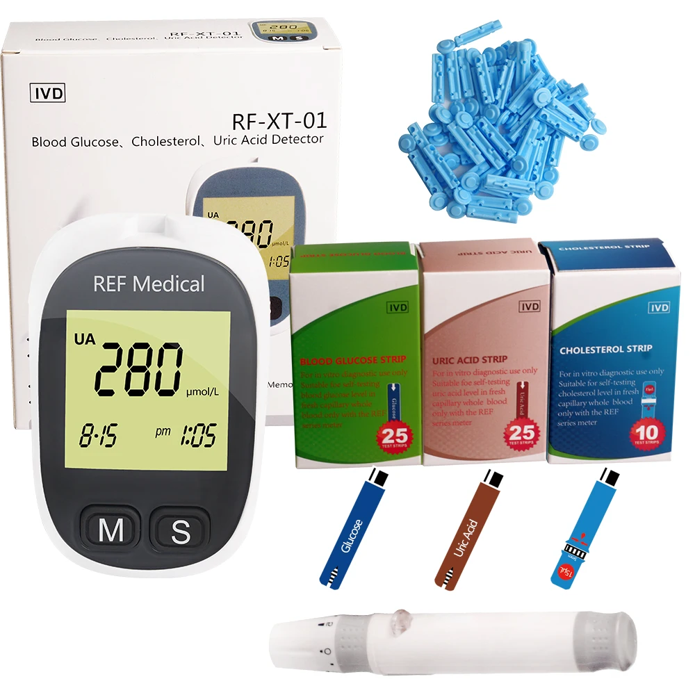 Medidor médico multifuncional 3 em 1, kit de teste de colesterol, ácido úrico e glicose no sangue para diabetes, gota com 60 tiras de teste, lancetas