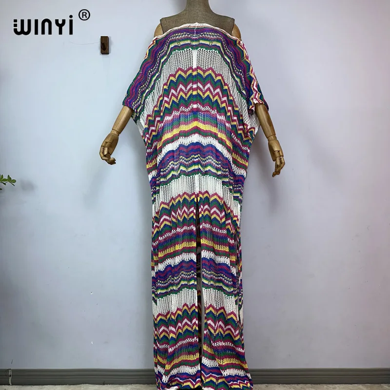 WINYI Stripe print summer Hollow knit sexy Floor-sweeping dress Elegant  Bikini Cover-up Women Beach wear Swimsuit Covers dress