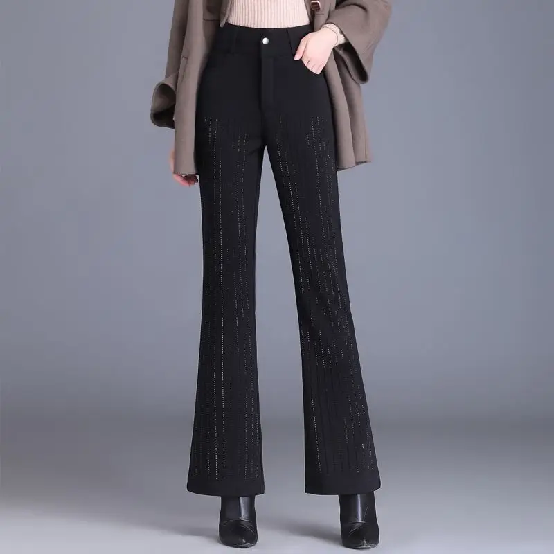 

Simplicity Fashion Autumn Winter New Flare Pants Women Button Pocket Zipper Diamonds Elastic High Waist Casual Straight Trousers