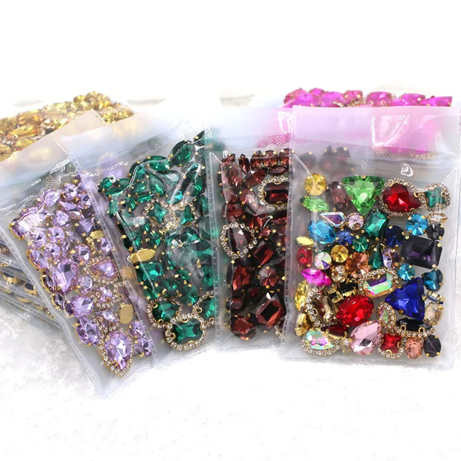 50pcs/Bag Shiny 10 Color Mixed Shape Sew on Glass Rhinestone Gold Claw Crystal Buckle Diy Wedding Decoration Clothes/Shoe/Dress