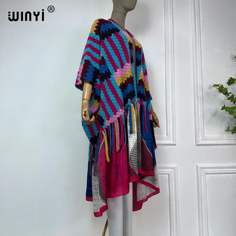 Winyi 2023 Winterkleding Voor Vrouwen Geometrische Print Afrika Luxe Lange Bont Losse Overjas Dikke Warme Lange Donzen Jas Winterjurk