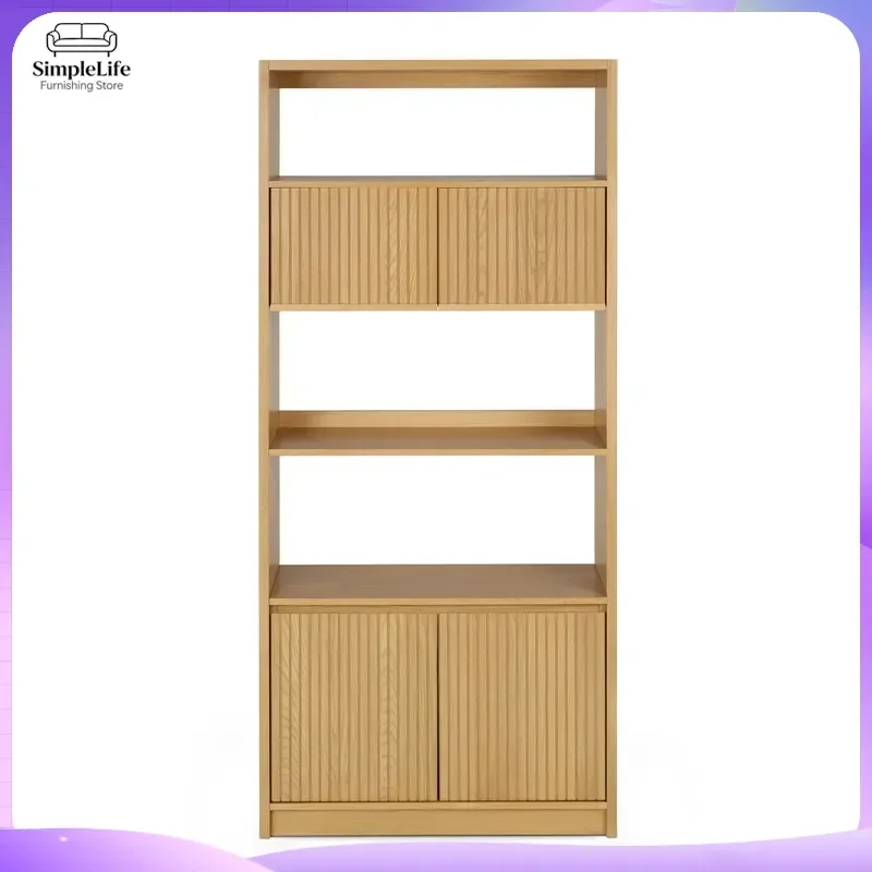 Modern Wooden Bookshelf Nordic Style Bookcase for Living Room Home Office Display Cabinet with Grooved Striped Doors Storage