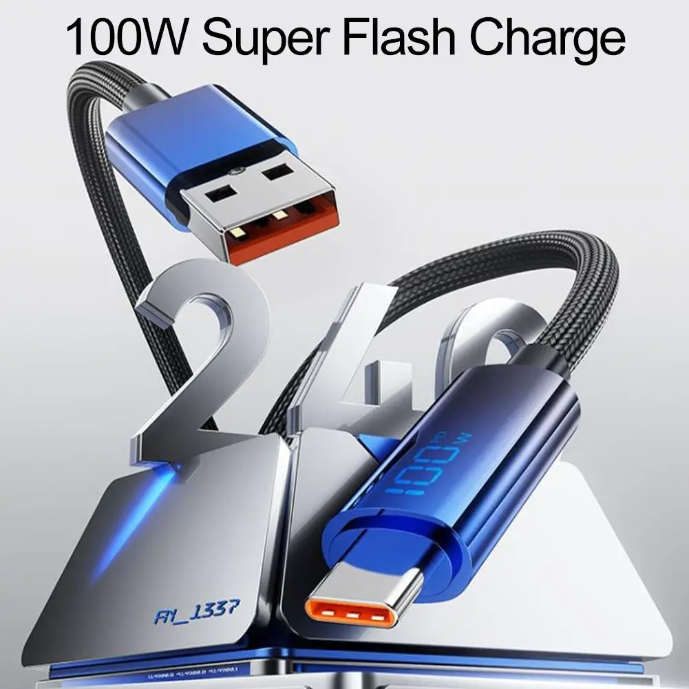 100W USB To Type-C Fast Charging Cable Real-Time Charging Status Display,1/1.5/2m For Huawei/Samsung/Xiaomi Carbon Crystal Black