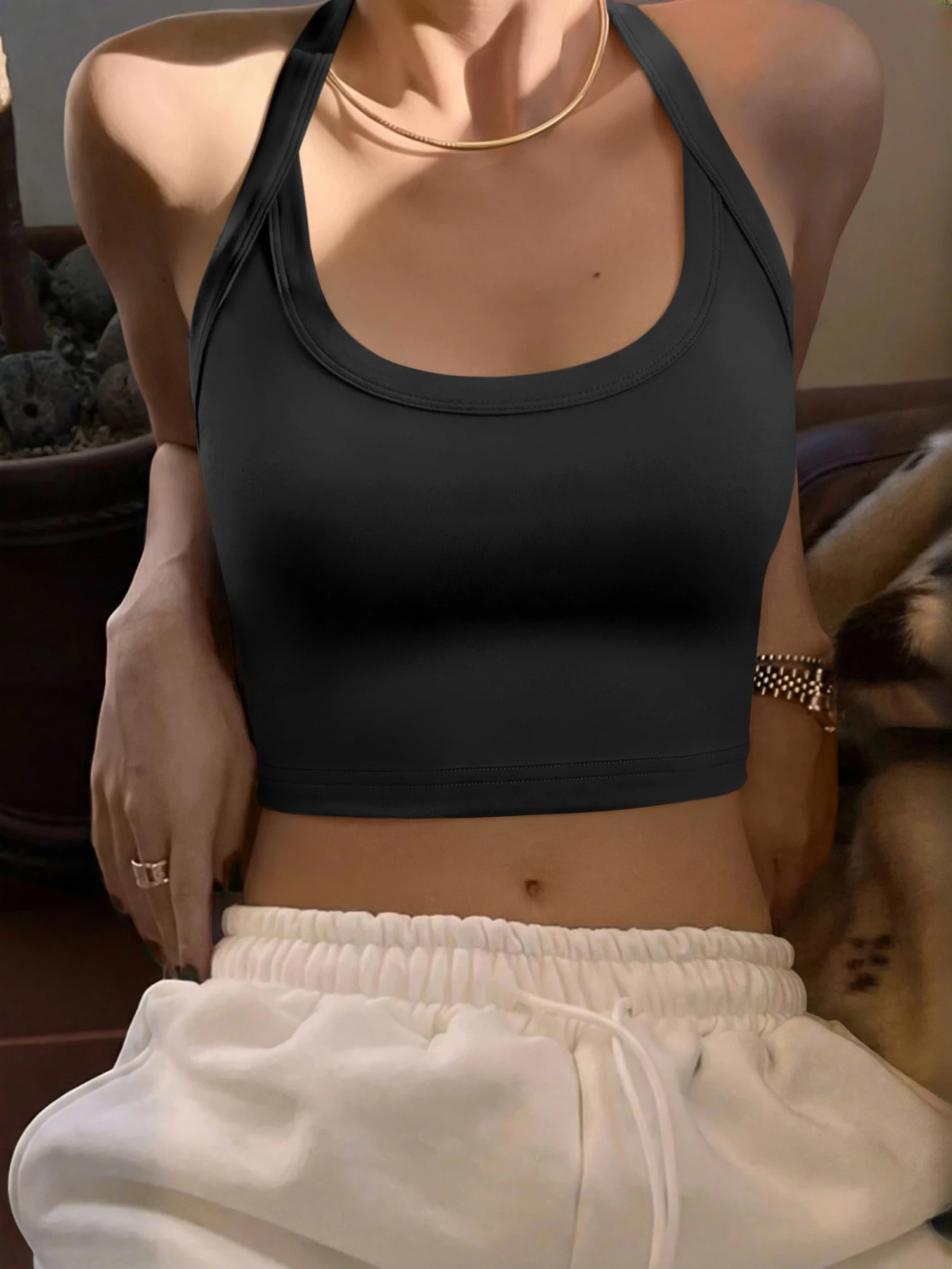 Spicy Athleisure Women Halter Backless Crop Tank Top Solid U‑Neck Sleeveless Slim Fit Cami Street Fitness Workout Short Tops