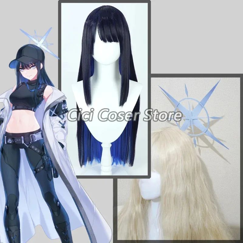 Sky06 Blue Archive Jomae Saori Cosplay Halo Wig Dark Blue Long Straight Hair Halloween Carnival Party Roleplay Synthetic Wi66lU&