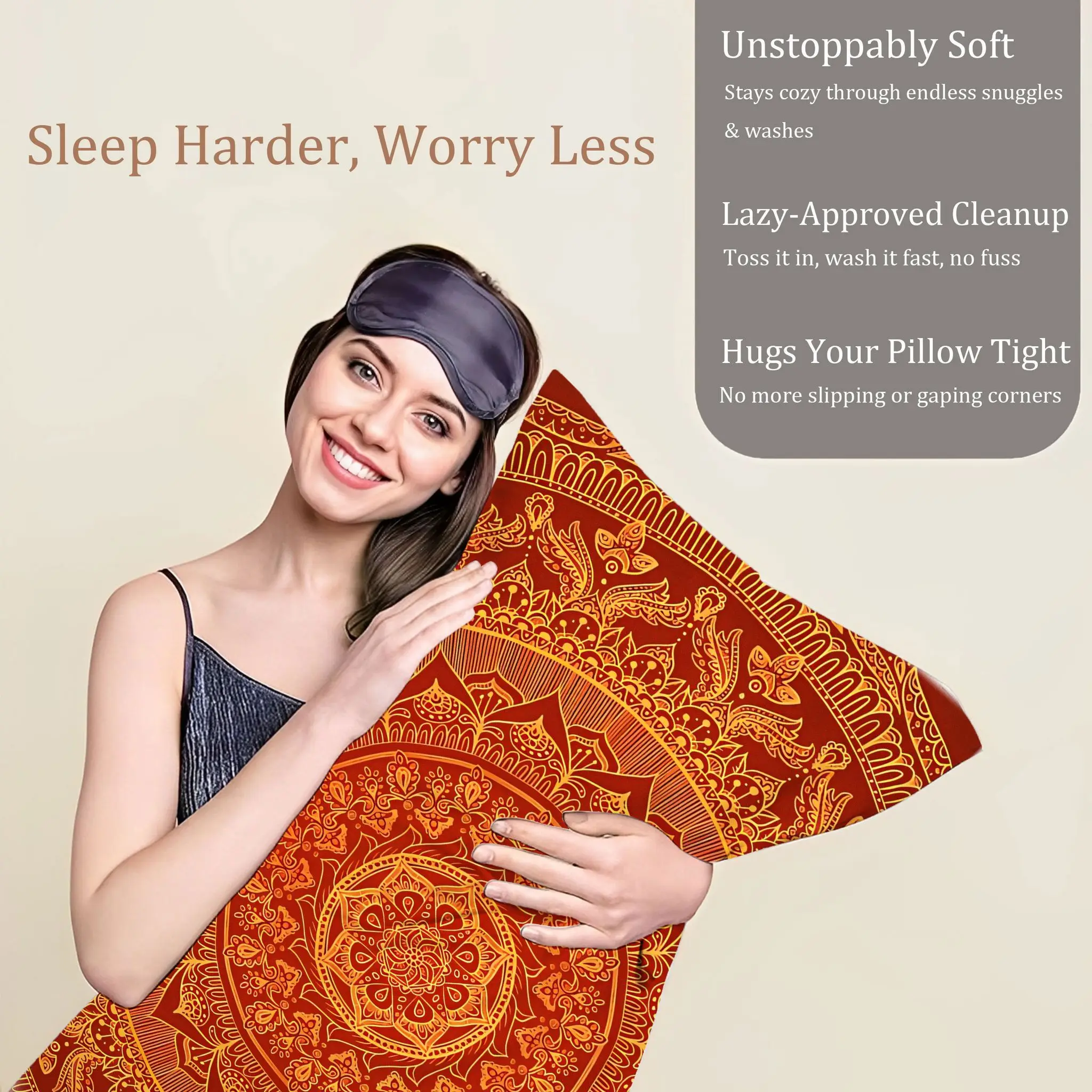 Red and Golden Symmetrical Mandala Embroidered Pillowcase | Suitable for Bedroom Decor, Artistic Atmosphere Creation, Polyester,