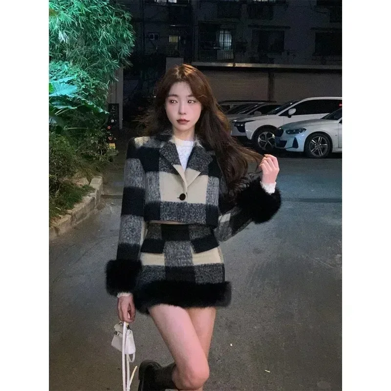 Korean Plaid Plush Patchwork Jacket Skirt Two-piece Set Women Fashion Lapel Temperament Fashion Soft Glutinous Slim Winter Suit