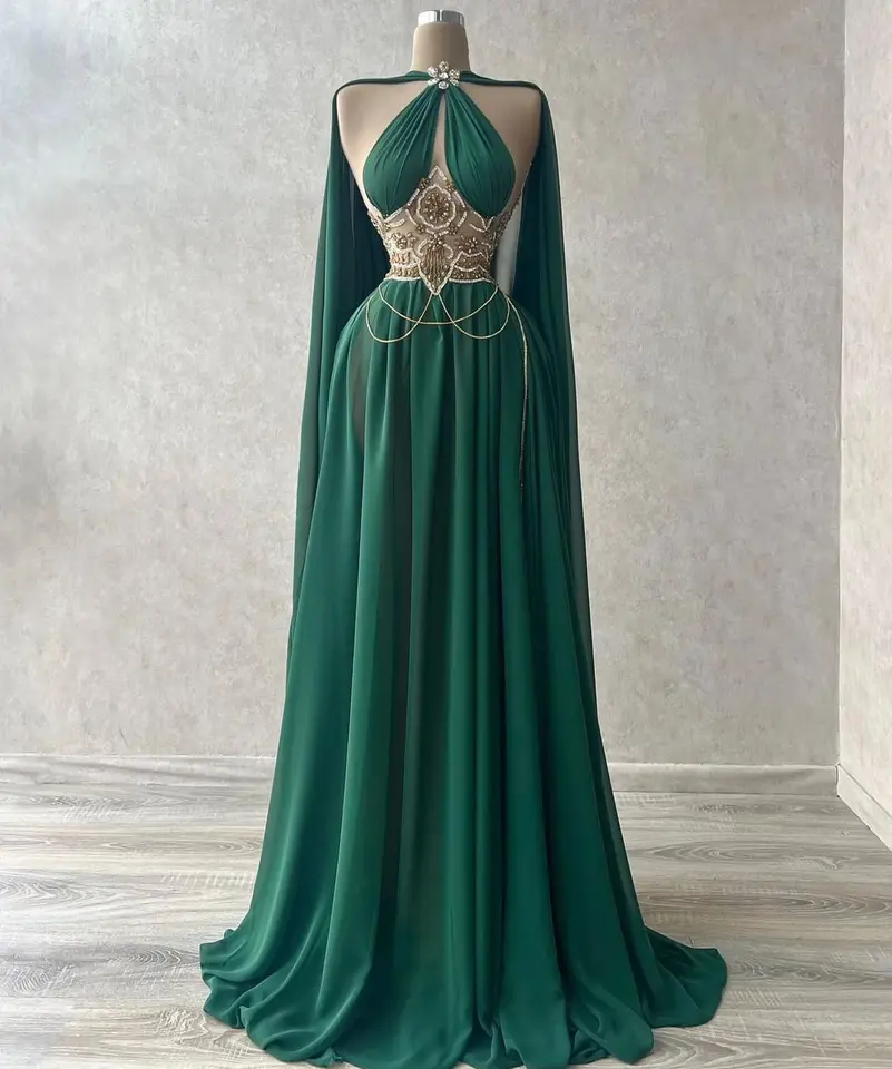 Halter Chiffon Gown Triangular Open Back Dark Green