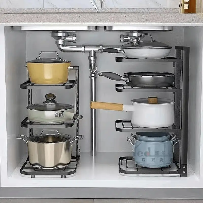 

Lower sink cabinet, multi-layer adjustable pot holder, layered pots and pans