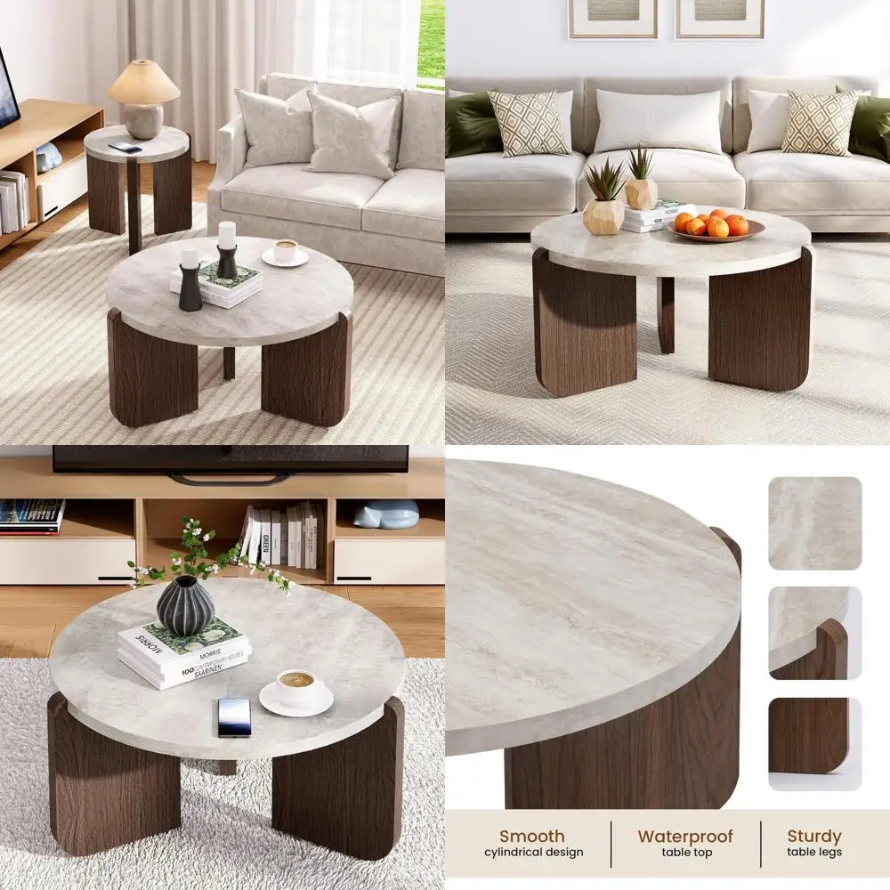 

SUNBURY Contemporary Round Coffee Table with Durable Pedestal Base, Wooden Centerpiece for Living and Reception Areas, Faux Marb