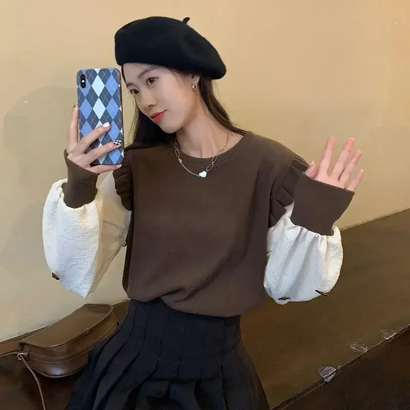 Knitted Top for Women Kawaii Black Ladies Sweaters Round O Neck Pullovers Cute Winter Thermal Blouse Jumper Y2k Fashion Korea