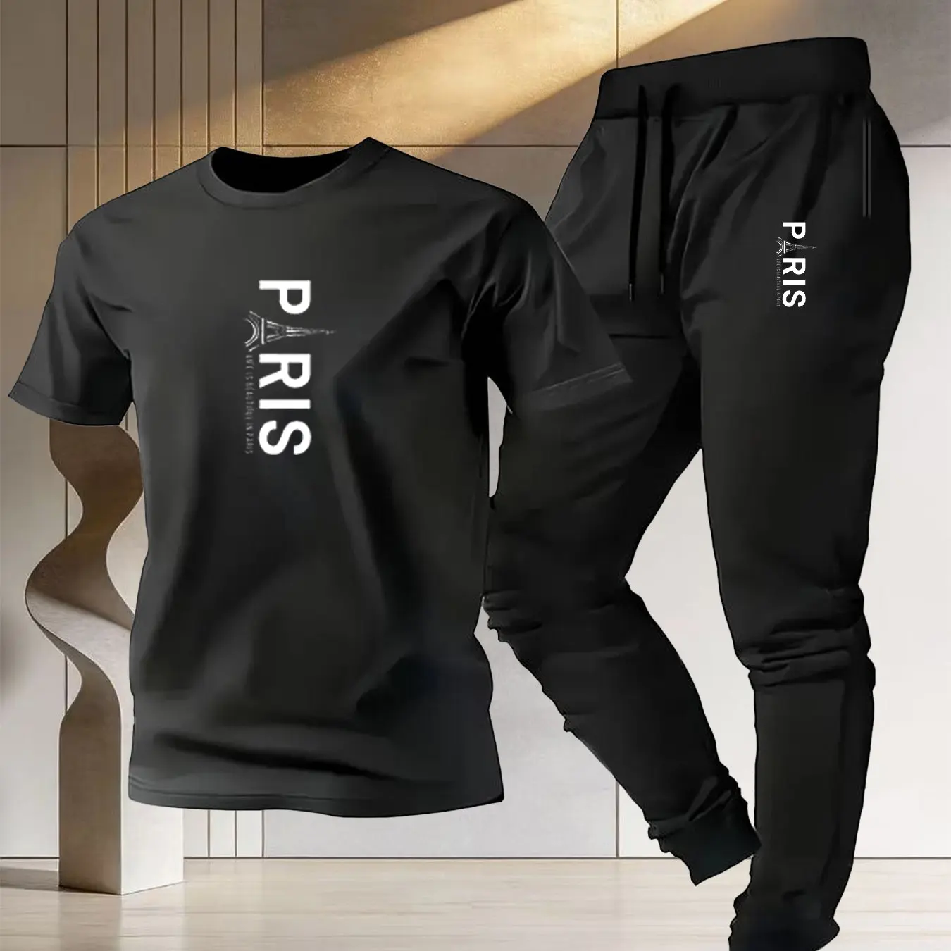 

High Quality Cotton Paris Eiffel Tower Print T-shirt Athletic Pants Set 2026 Summer Casual Two-Piece for Men and Women