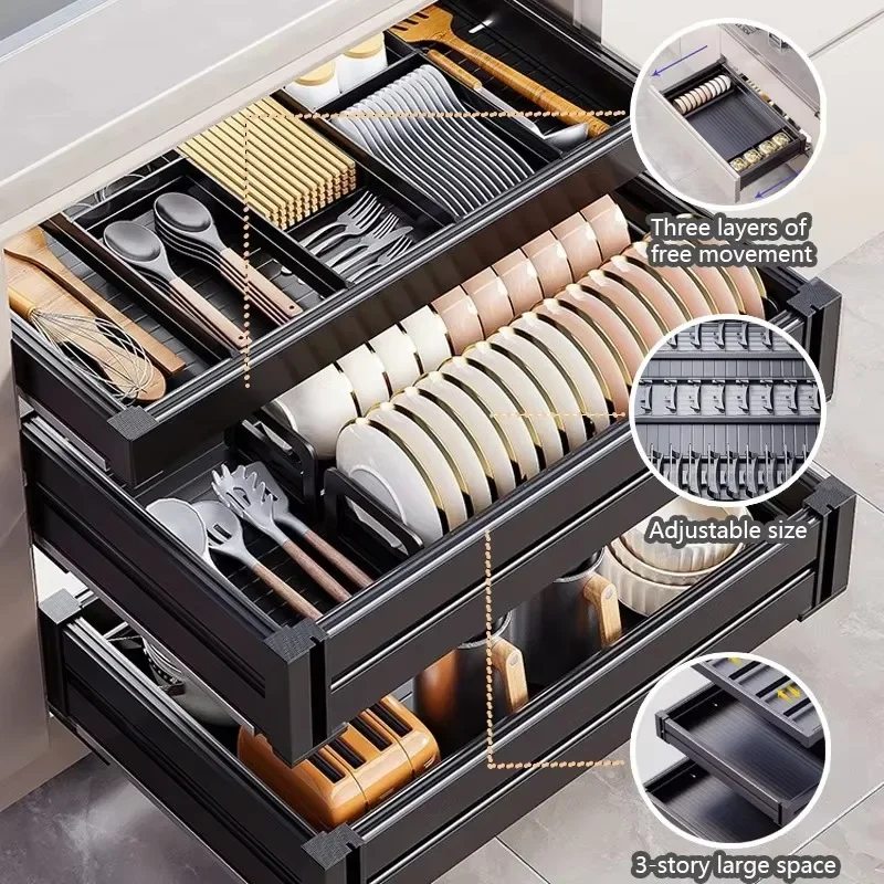 Kitchen Accessories Modern Drawer Basket Aluminum Alloy Pull Out Basket Cabinet Pull Out Organizer