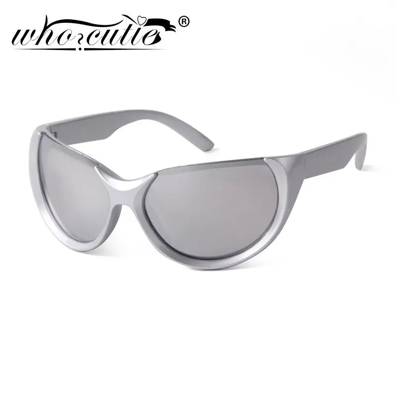 Y2K Cat Eye Punk Silver Mirror Sport Sunglasses Men Brand Mercury Windproof Frame Outdoor Cycling Film Sun Glasses Male UV400