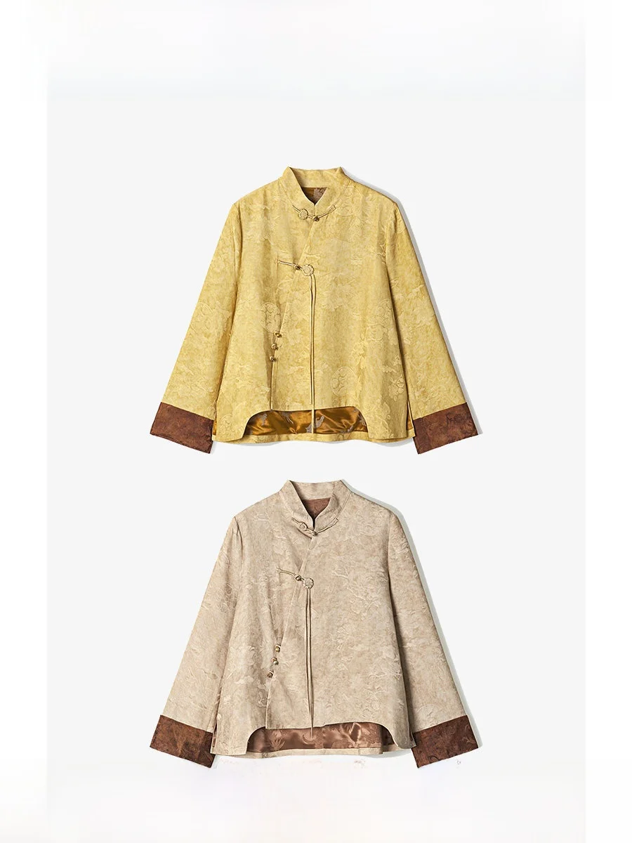 

ROCO New Chinese Sle Series Glossy Silk Flower Luo Tie Flower Jaet Slant Collar Tassel Button up Outerwear Women's Faion