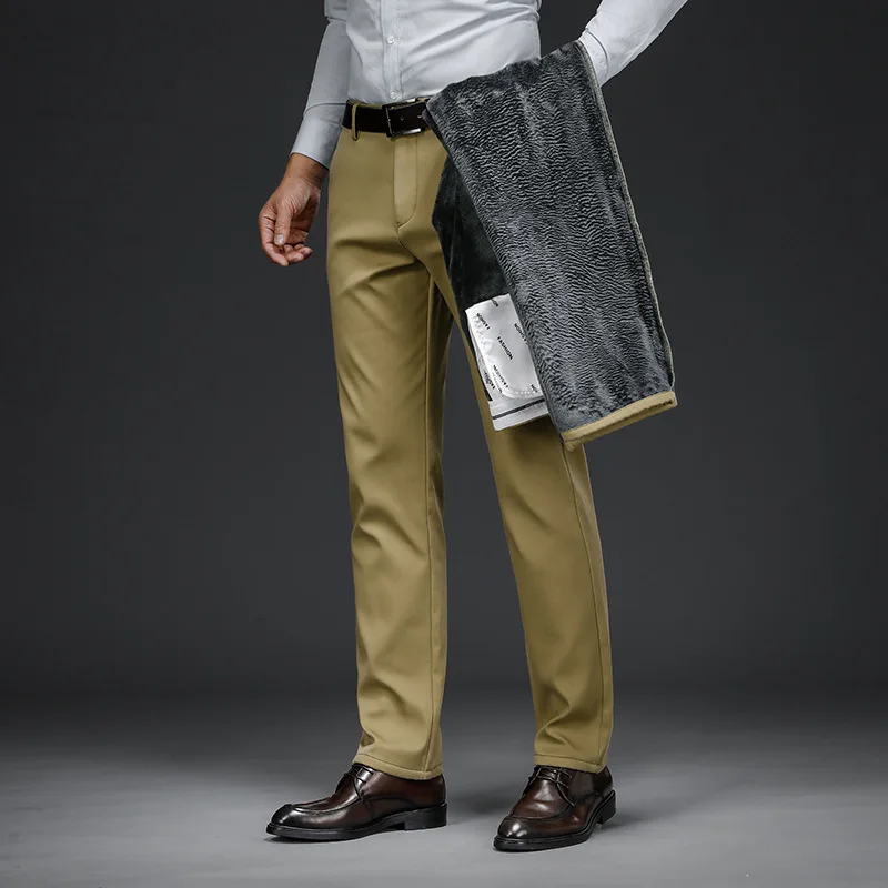 2024 New in Winter Pants Men Straight Stretch Fleece Thicken Warm Trousers Male Brushed Classic Golf Work Black Business Casual