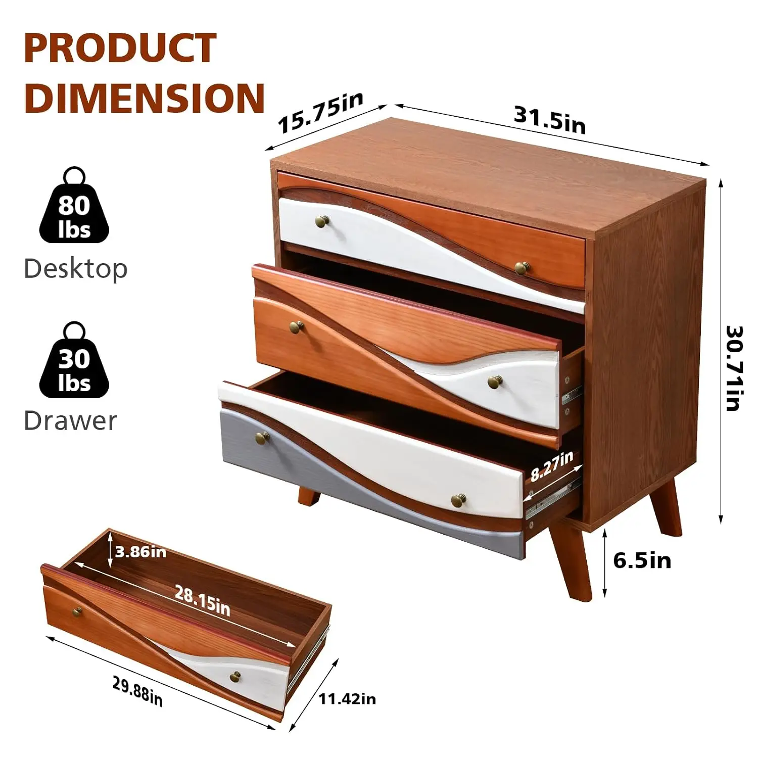3-Drawer Dresser Wave Fronts Tri-Color Modern Storage Cabinet Bedroom Living Room Hallway Office, Customized
