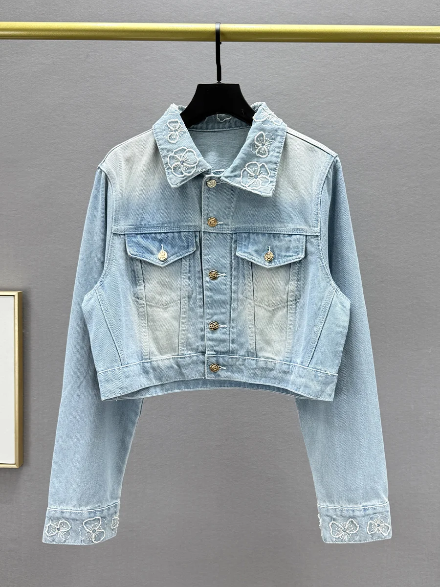 

Женская джинсовая куртка с вышивкой, приталенная, весна 2025, новая модель, с длинными рукавами, укороченная, с бисером, в европейском стиле, топ
