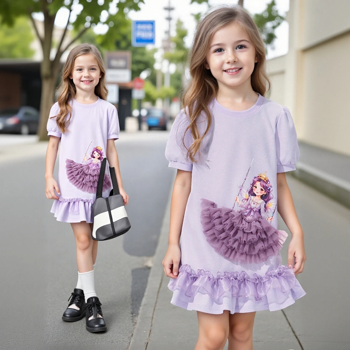 

Girls Princess Dresses Summer Cartoon Print Lace Trim Kids Short Sleeve Dress Cute Sweet Teen Beach Wear Children Clothes 4-12 Y