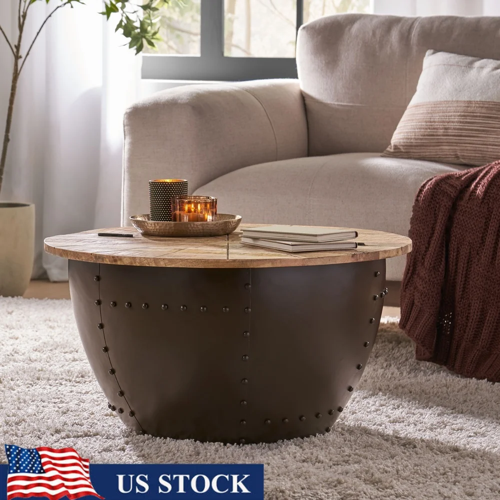 

Современный промышленный круглый журнальный столик ручной работы из манго, железное основание для хранения, стильная центральная часть гостиной, домашний декор