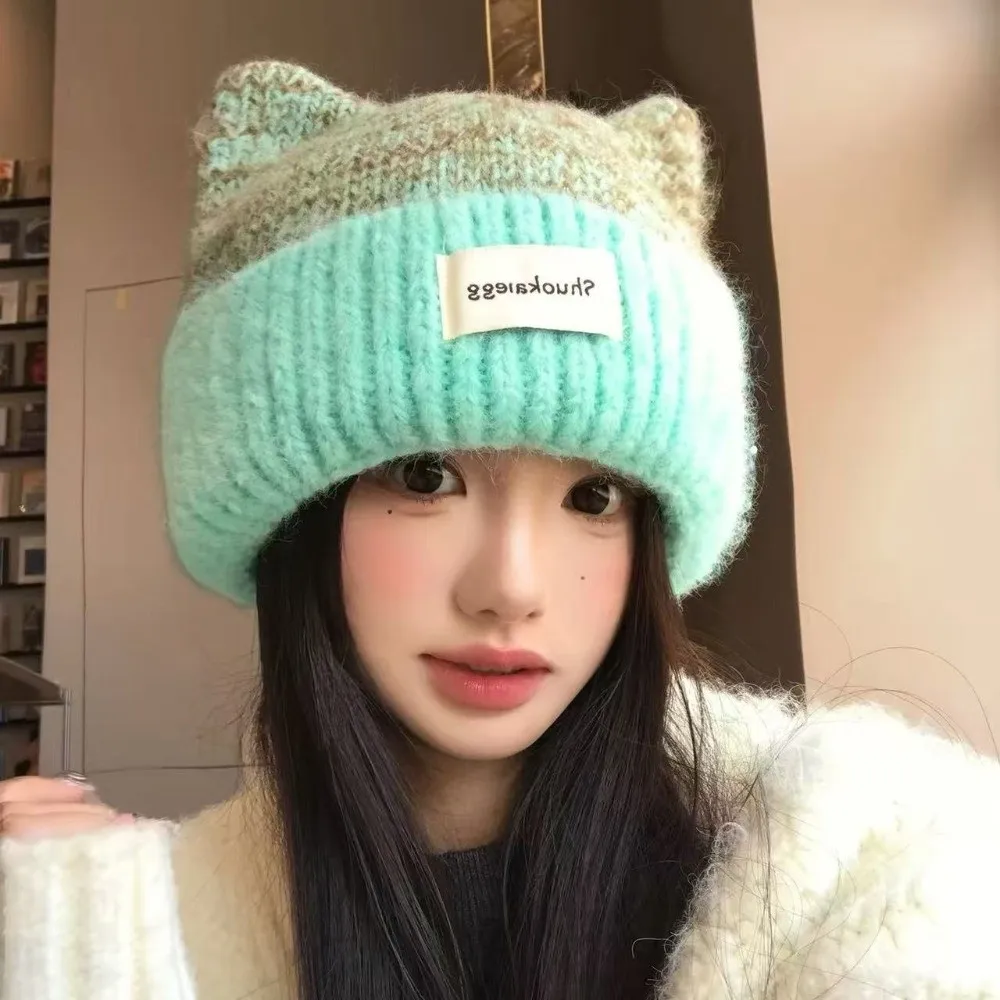 Versatile Warm Cat Ear Hat Windproof Ear Protection Knitted Beanie Pullover Style Thickened Winter Cap Daily Wear