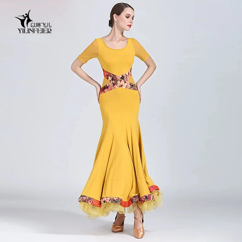 Round neck elbow sleeve mermaid dance dress with red and black abstract pattern splicing on waist and hem,suitable for ballroom
