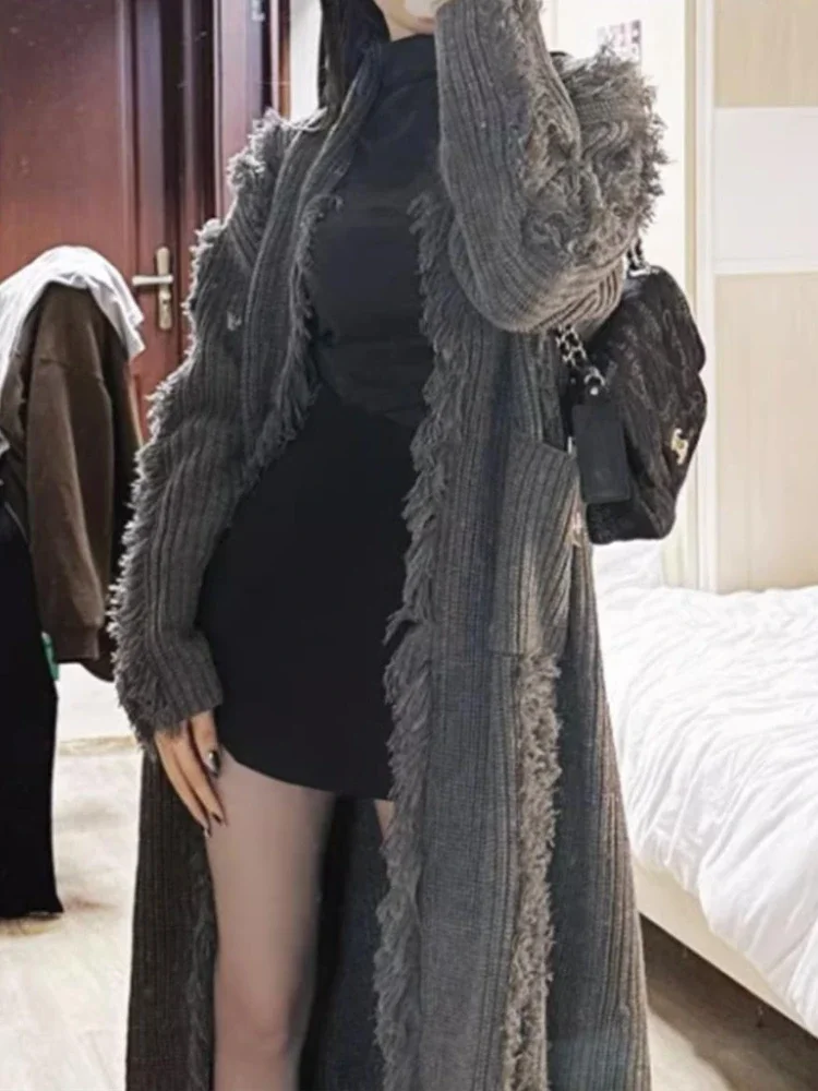 Long Cardigan Women Autumn Tassel Pockets Daily Streetwear European Style Ladies Chic New Fashion Comfortable Niche Advanced