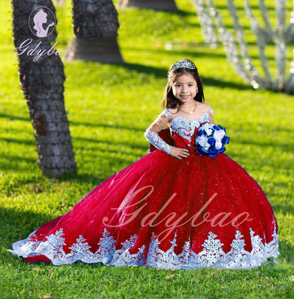 

Red Fower Girl Dress Tulle Puffy Lace Appliques Full Sleeve For Wedding Kids Birthday Party Princess First Communion Ball Gown