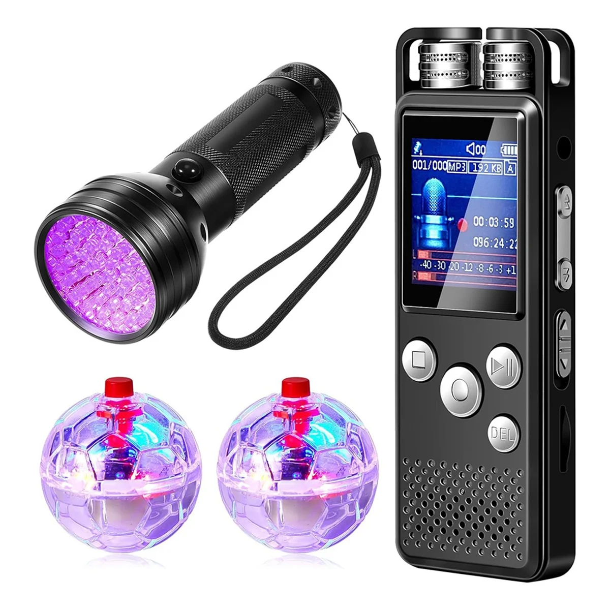 4Pcs GhostHunting Equipment Kit 1 Pocket Digital Voice Recorder 2 LED Light Up Pet Cat Ball 1 Black UV Flashlight,8 GB