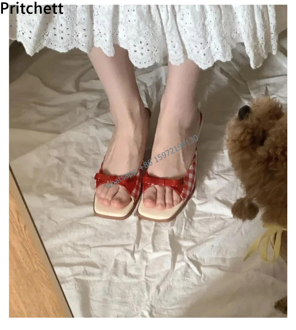 Retro Plaid Bow Sandały Kitten Heels White Red French Style Peep Toe Shoes Mixed Color Sweet and Cute Women's Vocation Shoes