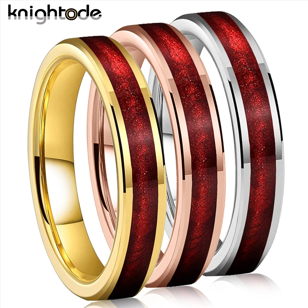 

4mm Women Tungsten Carbide Wedding Rings Flat high-polished Set with Red Flowing Sand Inlay Suitable for Daily Wear Comfort Fit