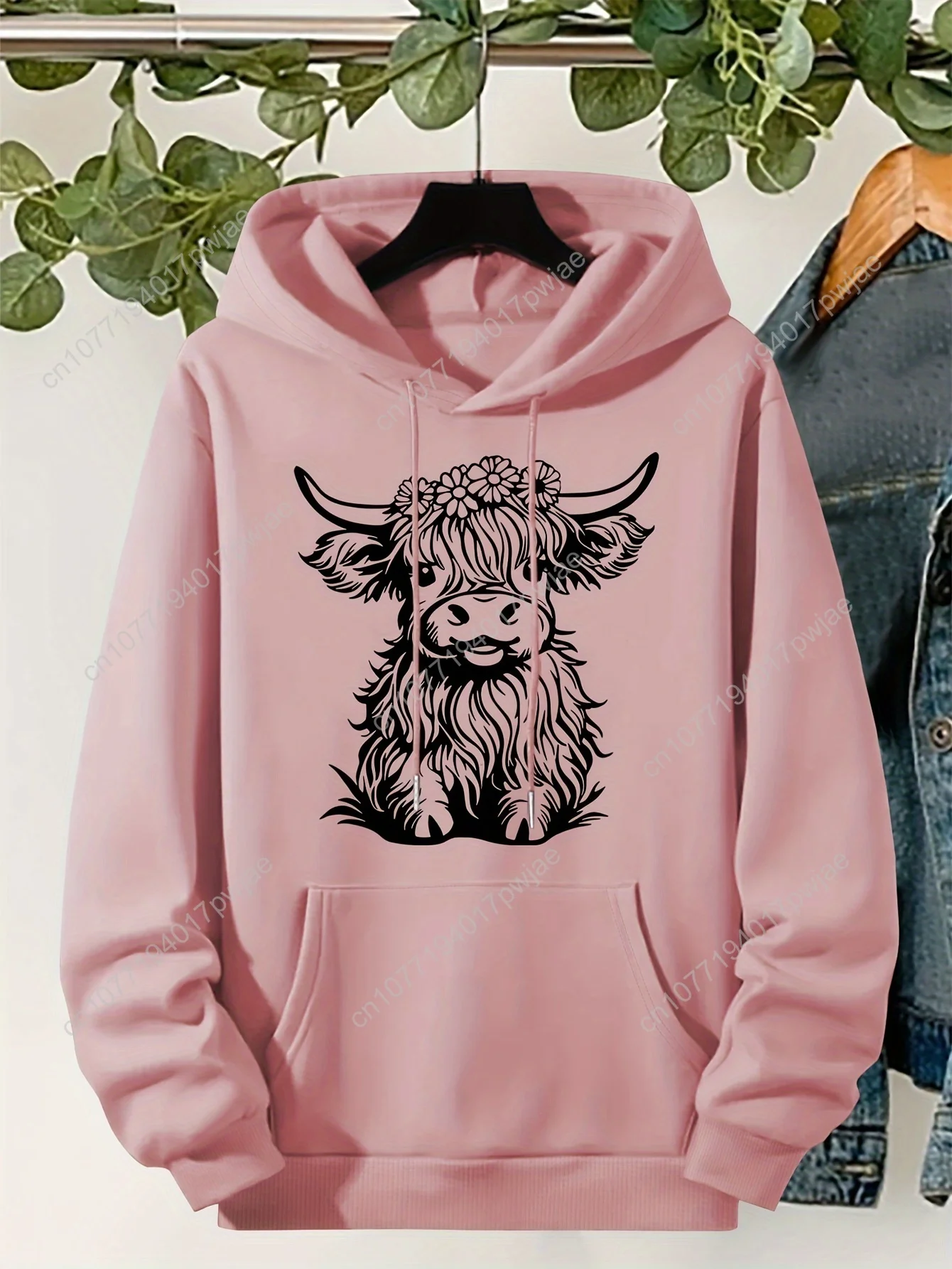 Sweat à capuche confortable grande taille imprimé Yak pour femme – Pull décontracté à manches longues avec poches, polyester extensible doux, parfait pour l'automne