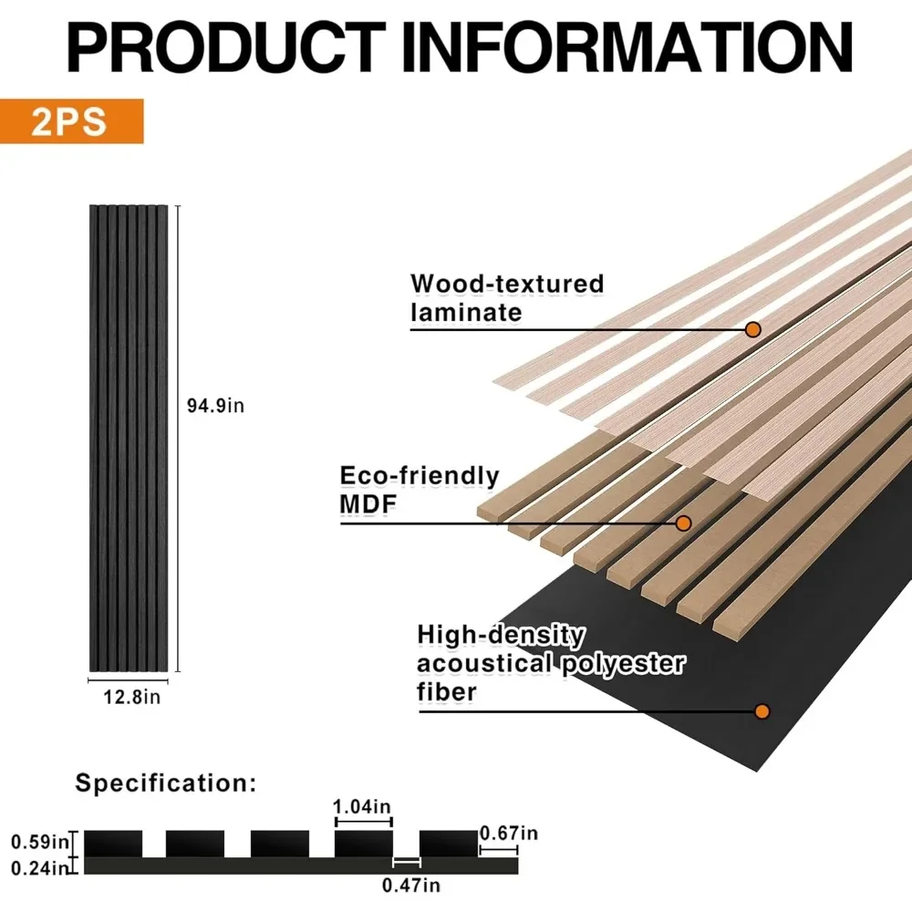 Paneles de pared de madera insonorizados, revestimiento de listones de madera para decoración, paquete de 2, 94,5 "x 12,6"