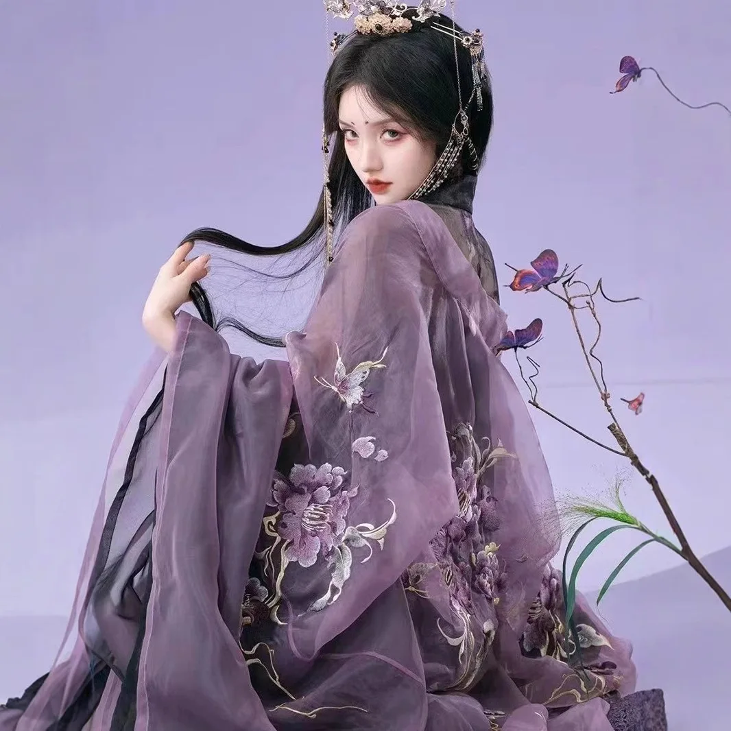 New Hanfu National Style Ceremony Model Double-Born Camellia Embroidered Big Sleeve Black Machine Embroidery Spring and Summer
