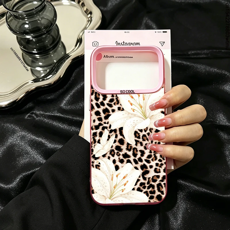 Luxuriöse Handyhülle mit Leopardenmuster und rosa Lilienblumen für iPhone 17 16 15 14 13 12 11 Pro Max 15 Plus 18 17 Air, florales IMD-Hardcover – Detail 3