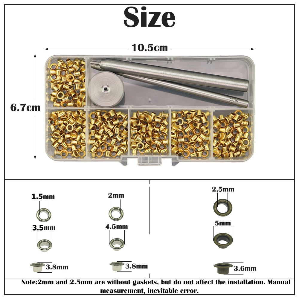 240pcs 1.5/2/2.5mm Internal 4-Colors Tool Sets Electroplating Of Copper Without Gasket Eyelets 304# Steel Tools Sets