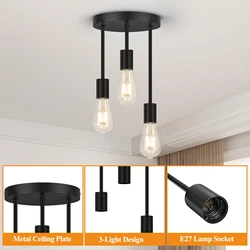 3 Light E27 Socket Semi Flush Mount Ceiling Light Vintage Hanging Lamp Modern Chandelier Light for Bedroom Living Room Hallway